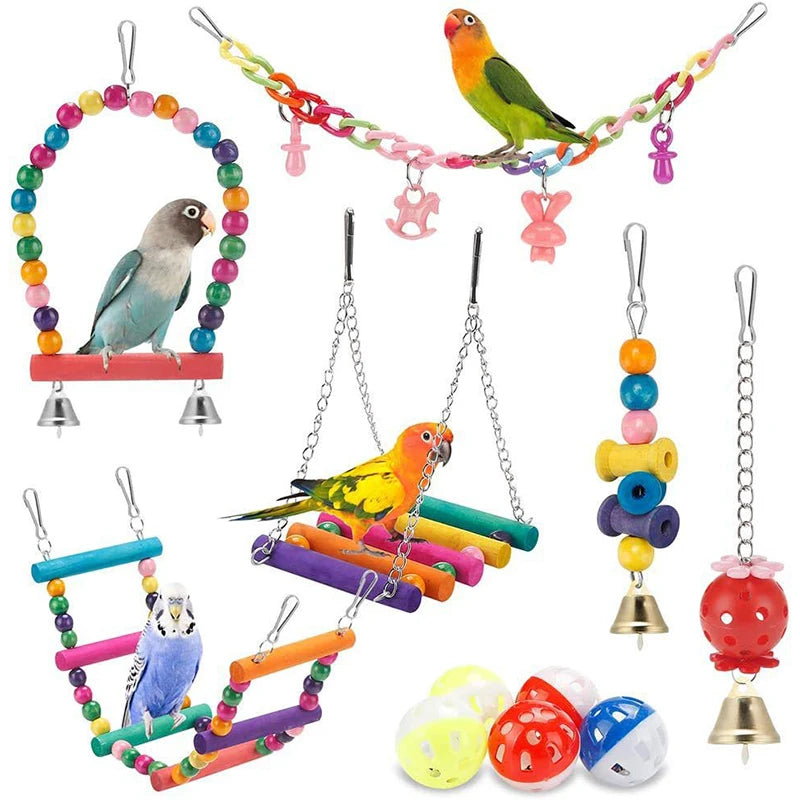 11pcs Wooden Parrot Bird Cage Toys Set