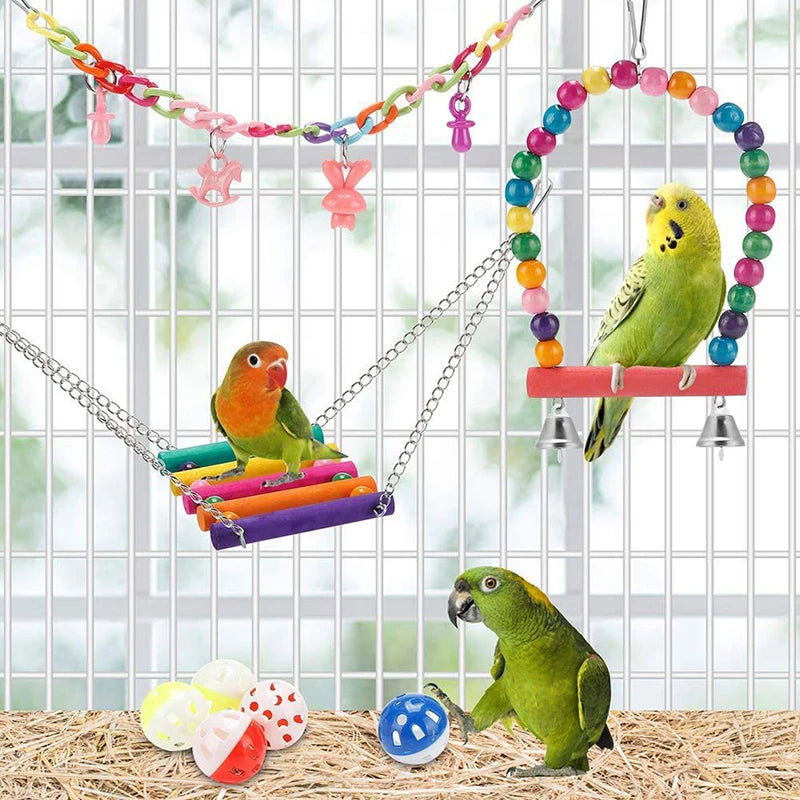 11pcs Wooden Parrot Bird Cage Toys Set