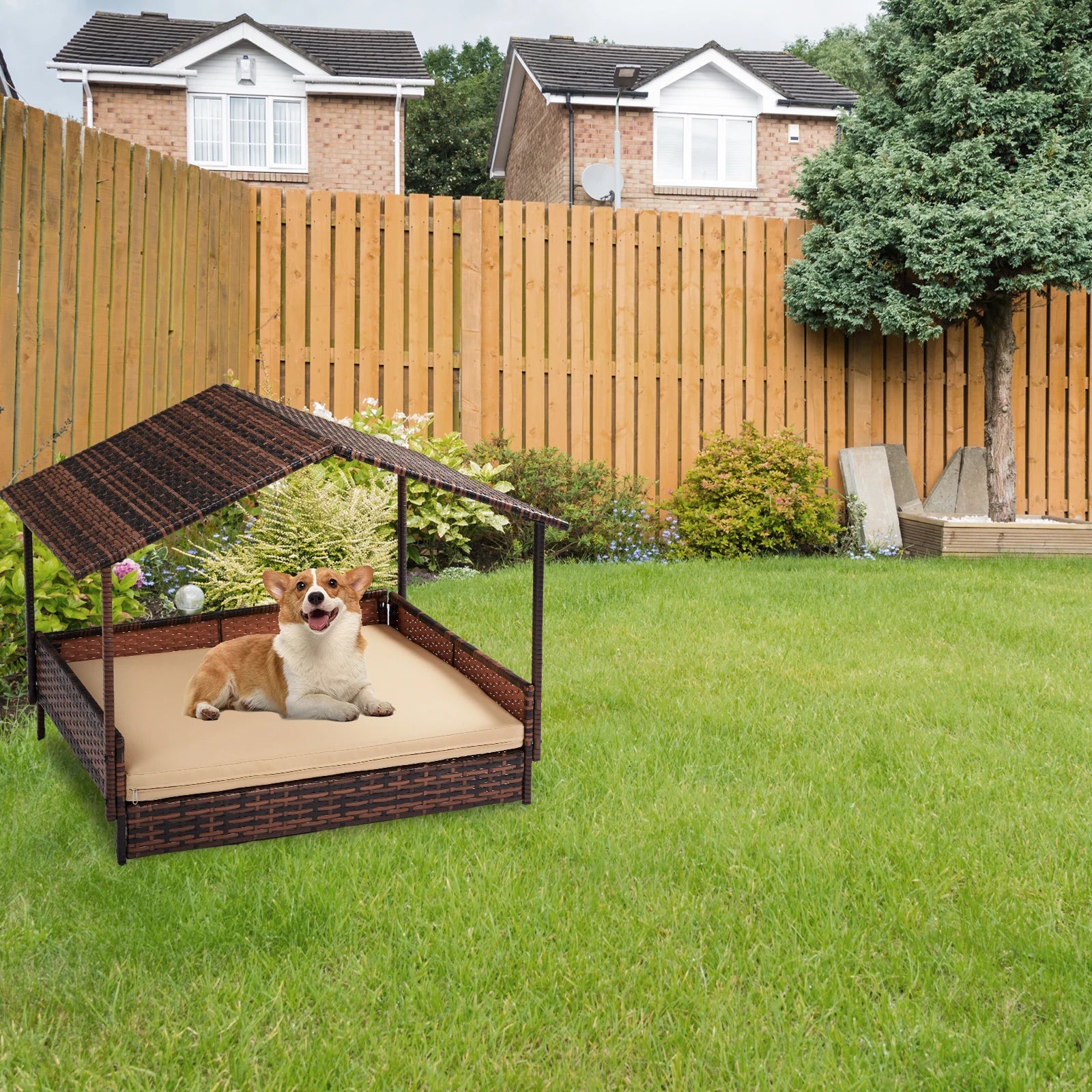 Wicker Elevated Dog House with Canopy