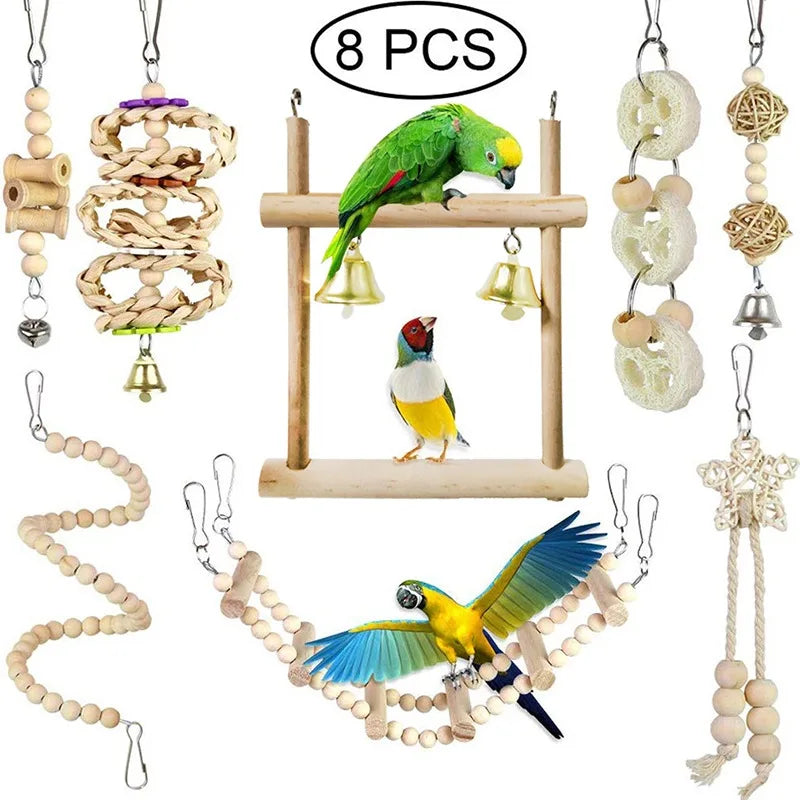 8pcs Parrot Bird Toy Set with Bells & Swings