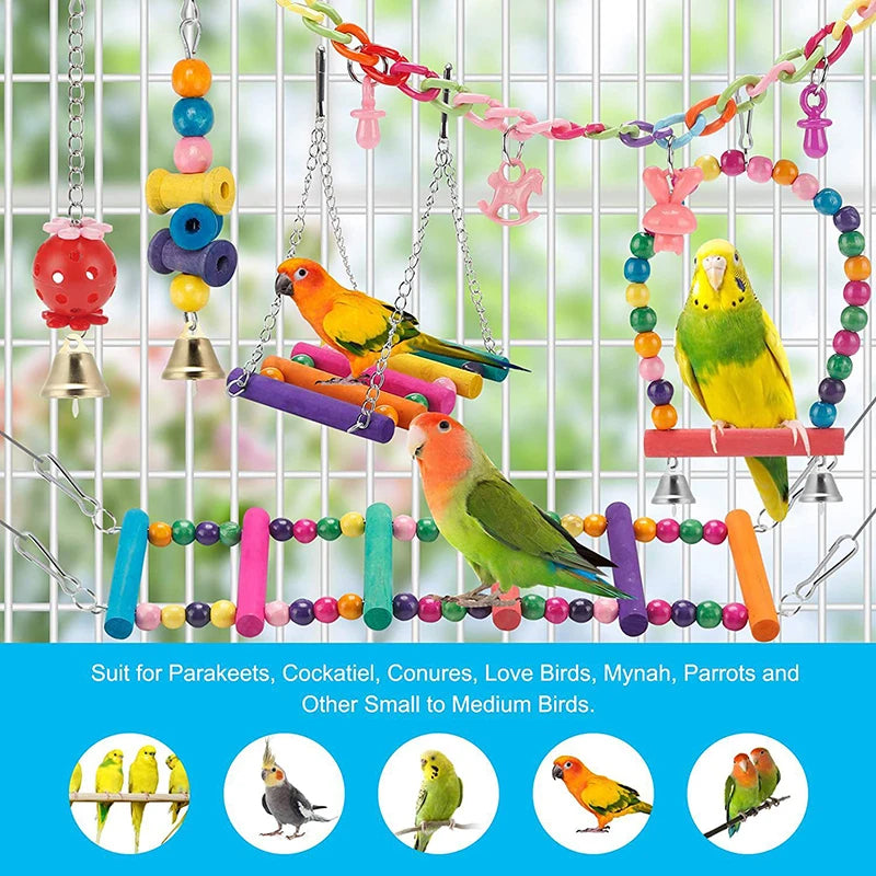 11pcs Wooden Parrot Bird Cage Toys Set