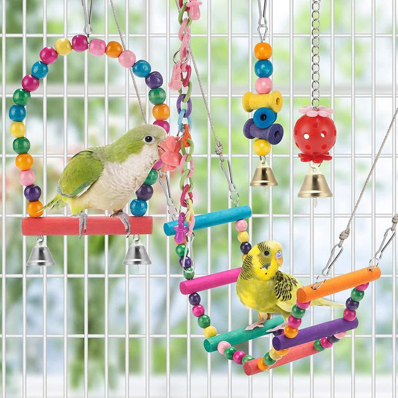 11pcs Wooden Parrot Bird Cage Toys Set